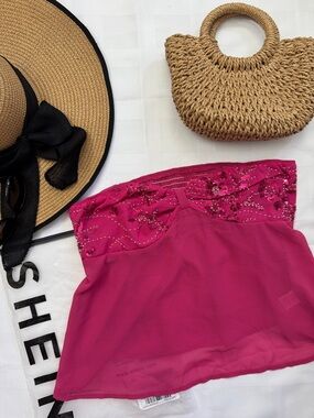 SHEIN Fuchsia Sequin Strapless Chiffon Tube Top
